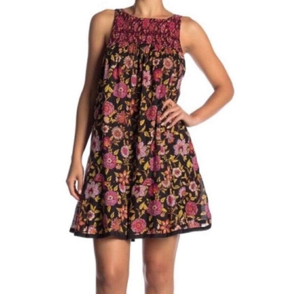 Free People Oh Baby Floral Print Minidress Black Pink Embroidered‎ Smocked Small - Picture 1 of 12